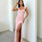 SOLACE  Pink Sweetheart Neck Cap Sleeve High Slit Mermaid Maxi Dress?