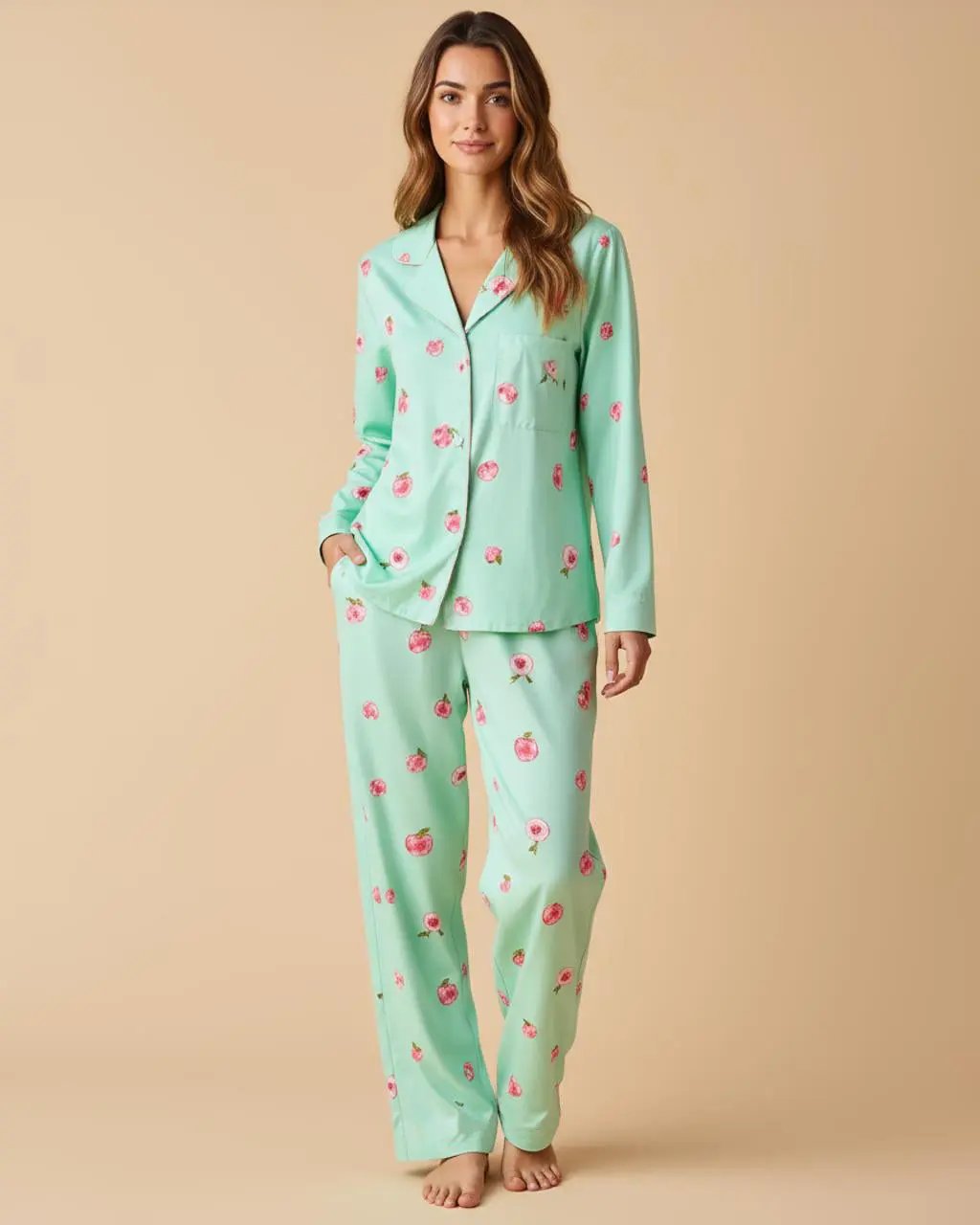 Peach Print Long-Sleeve Pajama Set OMFORT
