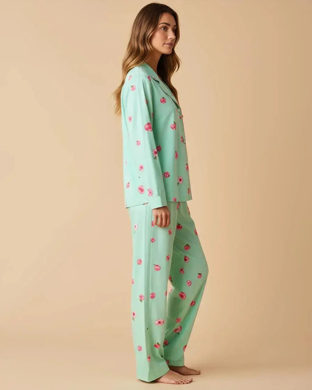 Peach Print Long-Sleeve Pajama Set OMFORT