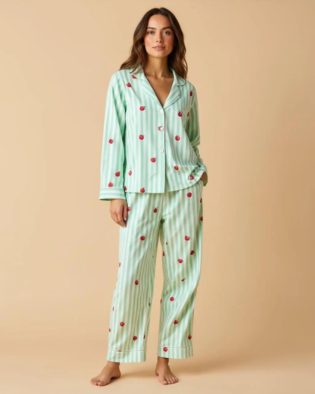 Mint Green Cherry Print Stripe Lapel Pajama Set OMFORT