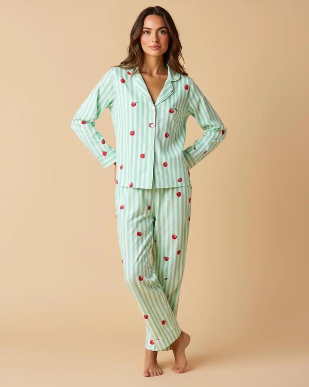 Mint Green Cherry Print Stripe Lapel Pajama Set OMFORT