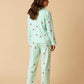 Mint Green Cherry Print Stripe Lapel Pajama Set OMFORT