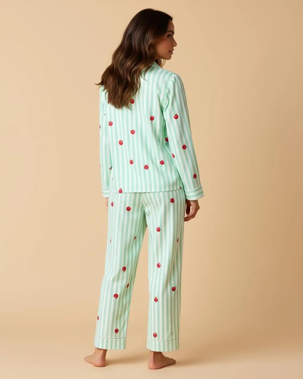 Mint Green Cherry Print Stripe Lapel Pajama Set OMFORT