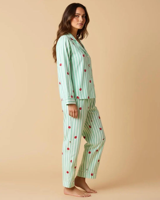 Mint Green Cherry Print Stripe Lapel Pajama Set OMFORT