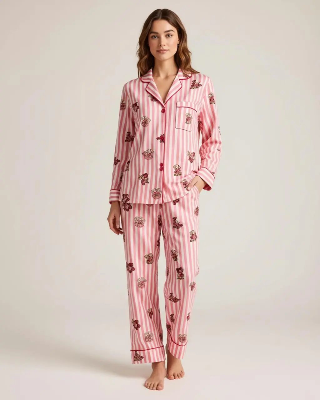 Pink Bear Print Stripe Collar Pajamas OMFORT