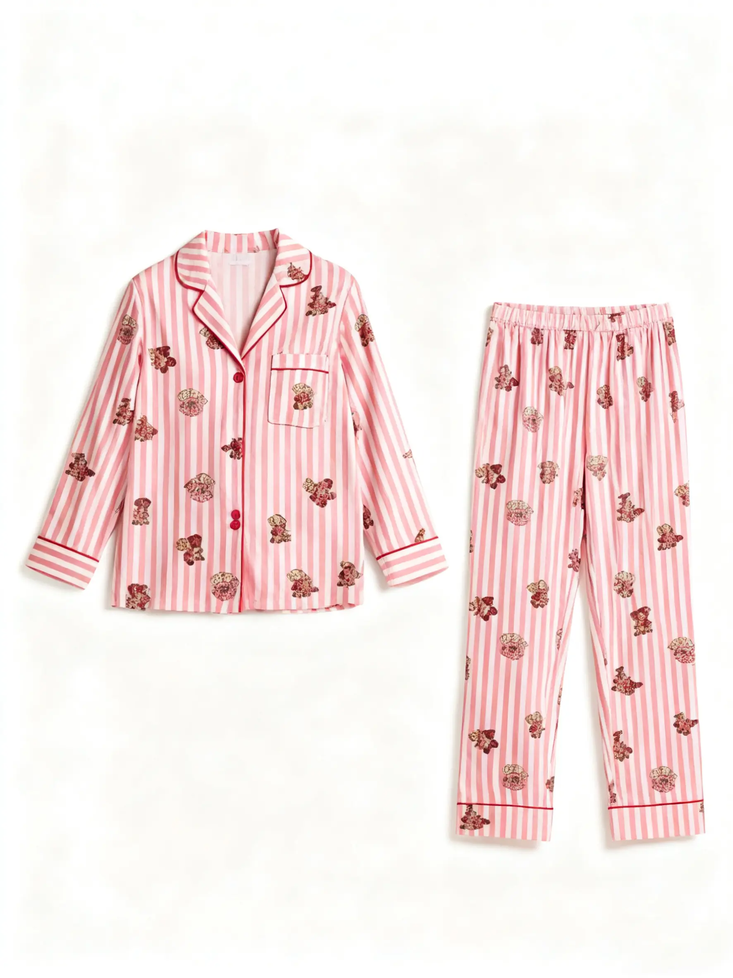 Pink Bear Print Stripe Collar Pajamas OMFORT