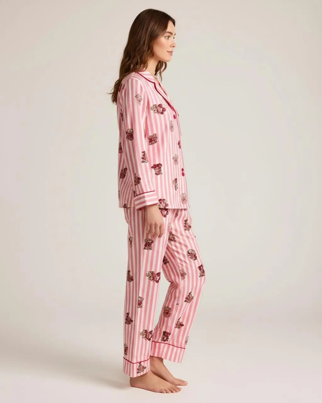 Pink Bear Print Stripe Collar Pajamas OMFORT