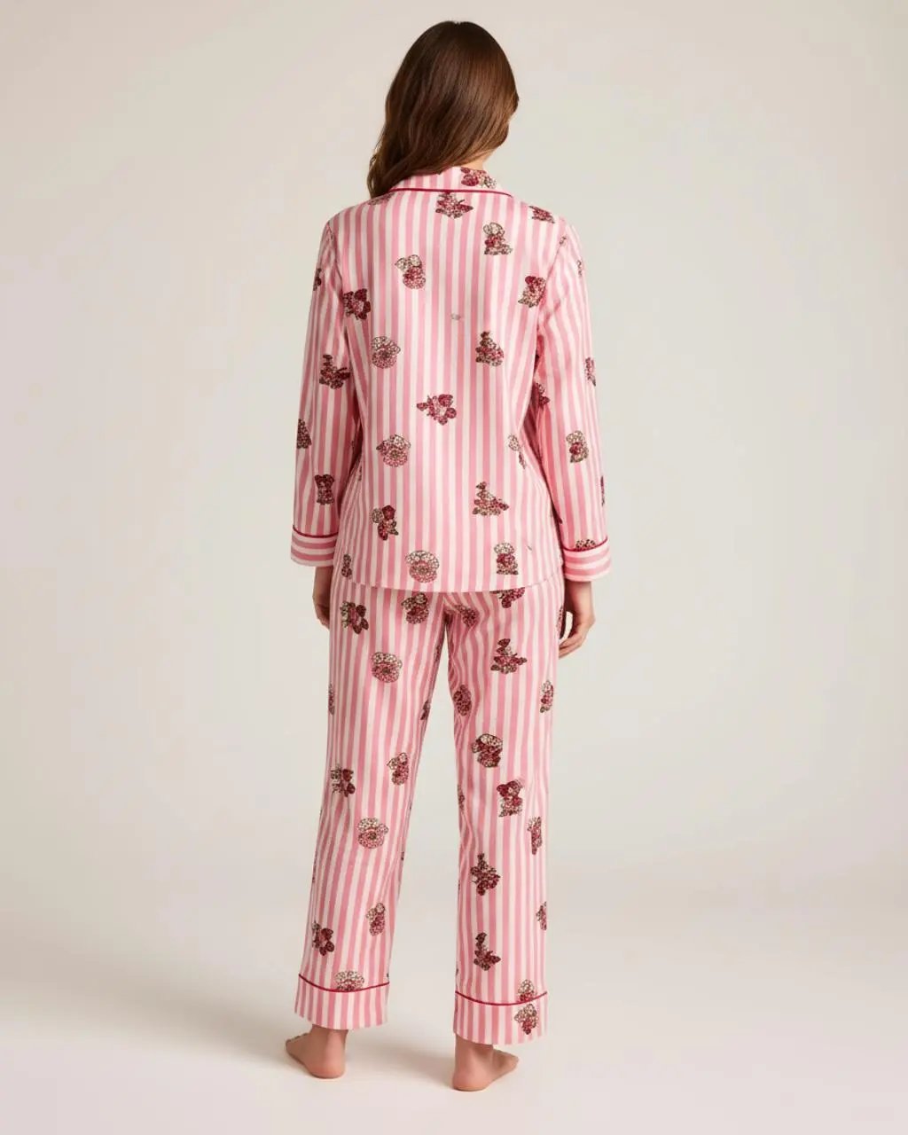Pink Bear Print Stripe Collar Pajamas OMFORT