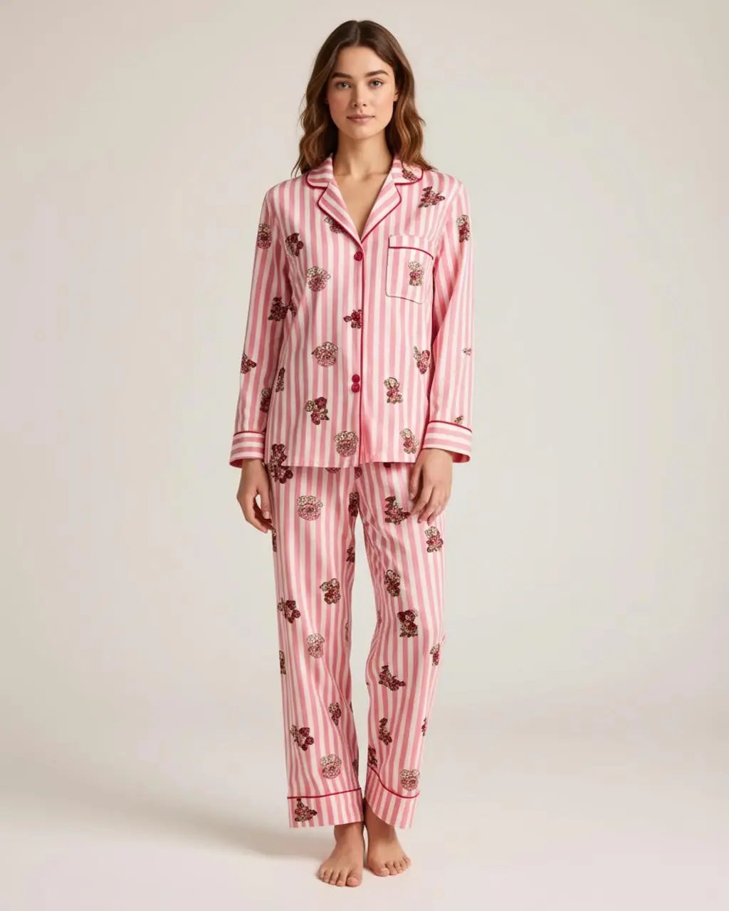 Pink Bear Print Stripe Collar Pajamas OMFORT