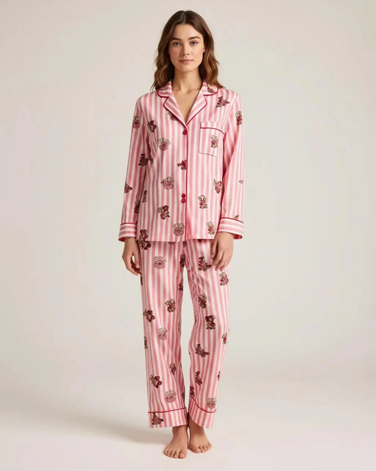 Pink Bear Print Stripe Collar Pajamas OMFORT