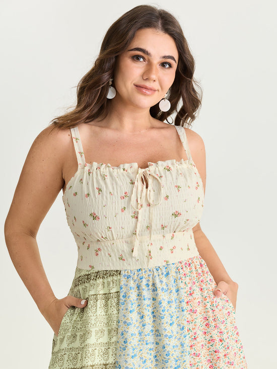 Floral Patchwork Print Drawstring Maxi Dress OMFORT