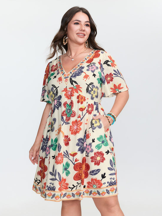 Colorful Floral Print V-Neck Mini Dress OMFORT