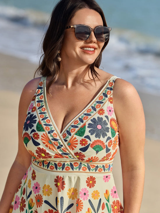 Floral Surplice Neckline Pockets Swim Dress OMFORT