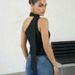 SOLACE  Black Asymmetrical One Shoulder Neck Tie Blouse?