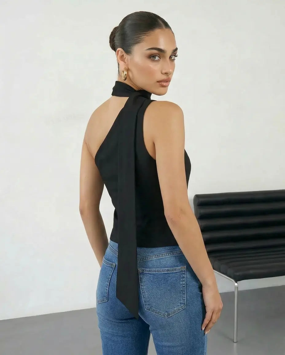 SOLACE  Black Asymmetrical One Shoulder Neck Tie Blouse?