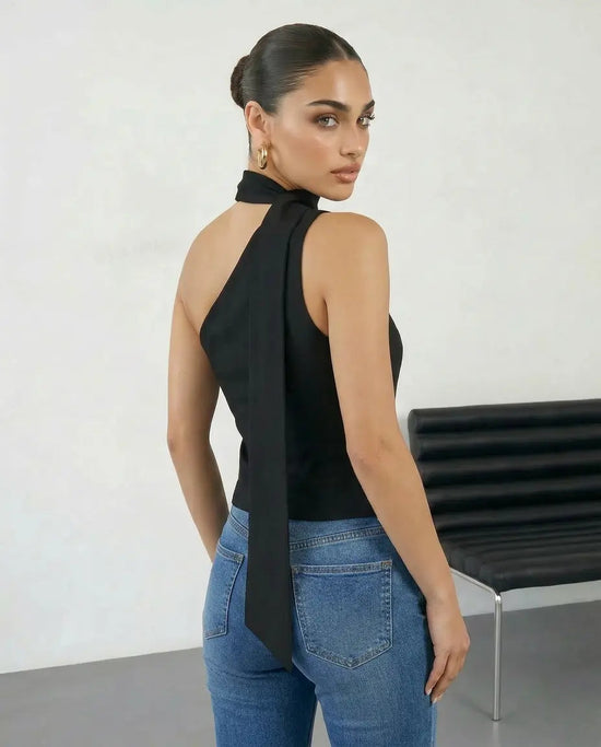 SOLACE  Black Asymmetrical One Shoulder Neck Tie Blouse?