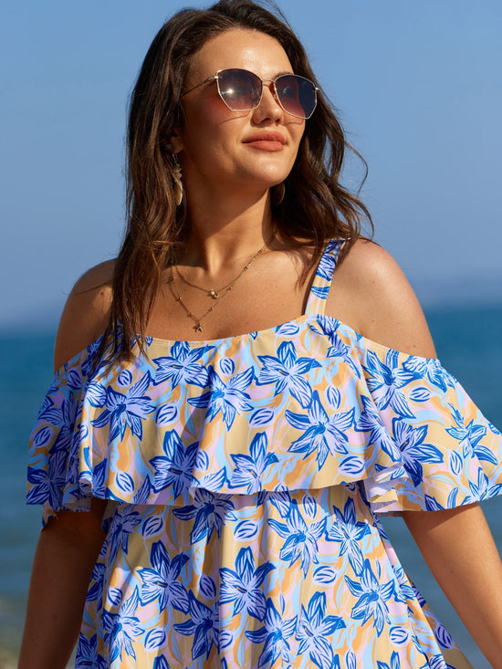 Floral Ruffle Trim Off Shoulder Pockets Swim Dress OMFORT