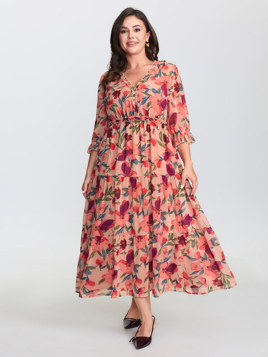 Romantic Floral Print Ruffled Edge Maxi Dress OMFORT