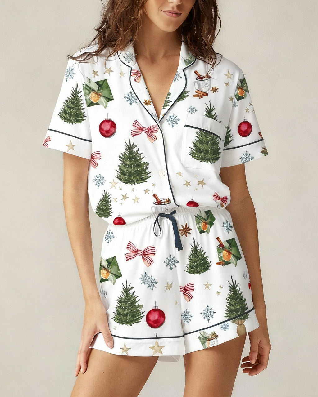 Christmas Holiday Tree Print Short Pajama Set OMFORT