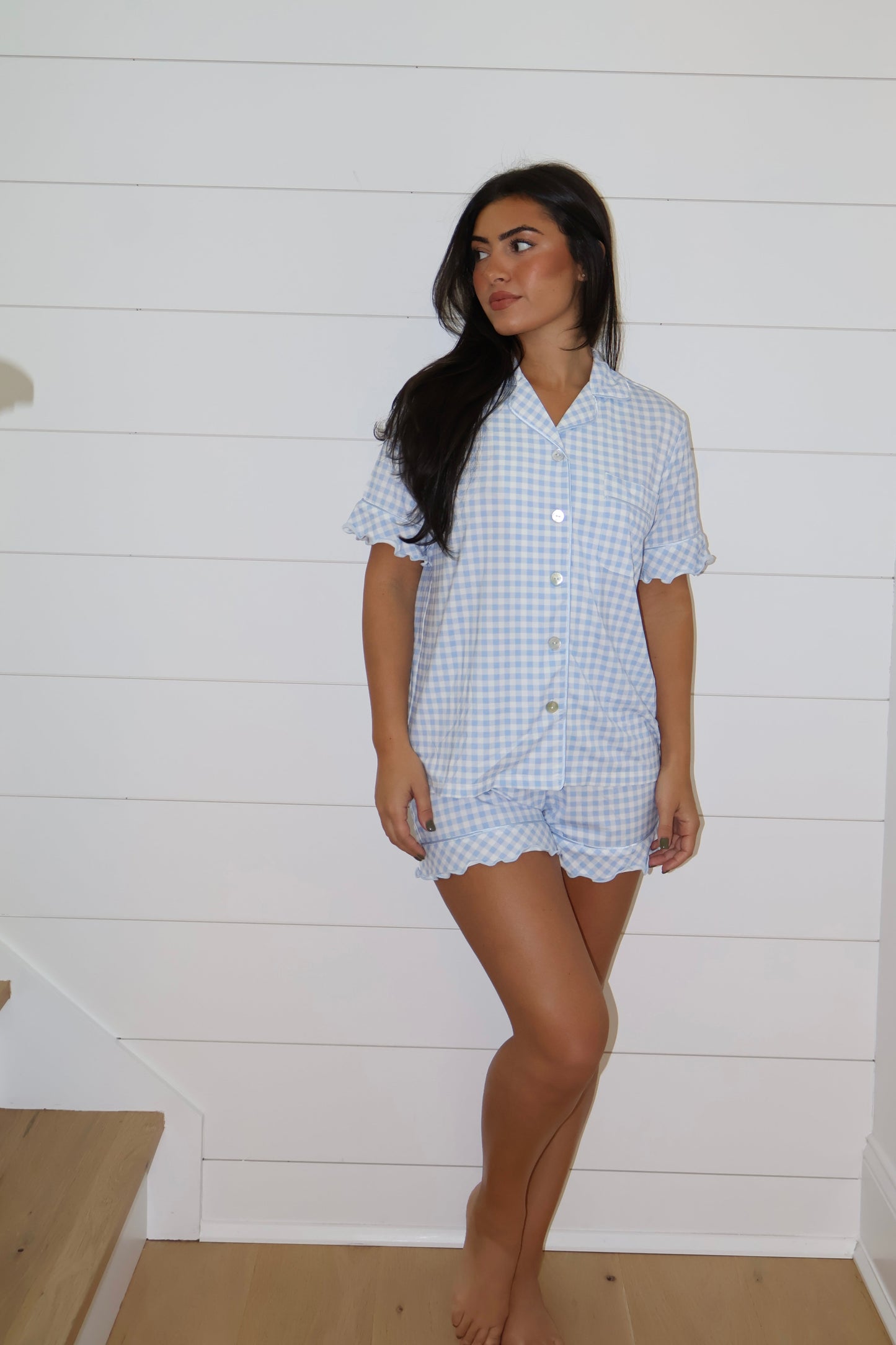 Ruffle Bamboo Short Set in Blue Gingham OMFORT