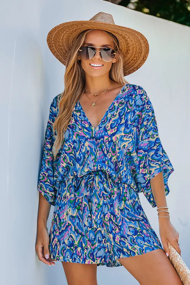 Abstract Print Drawstring Romper OMFORT