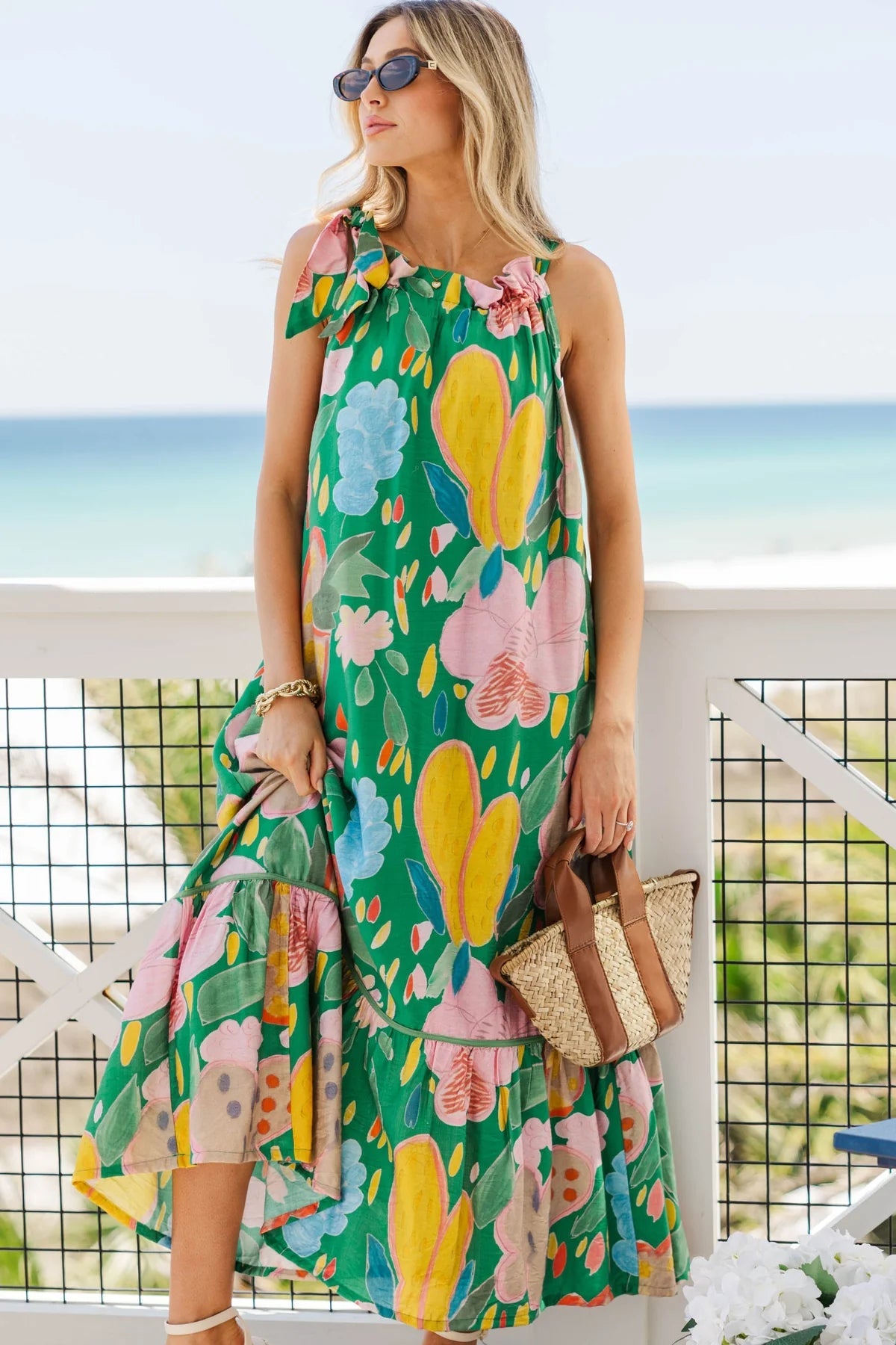 All The Right Feels Green Abstract Midi Dress OMFORT