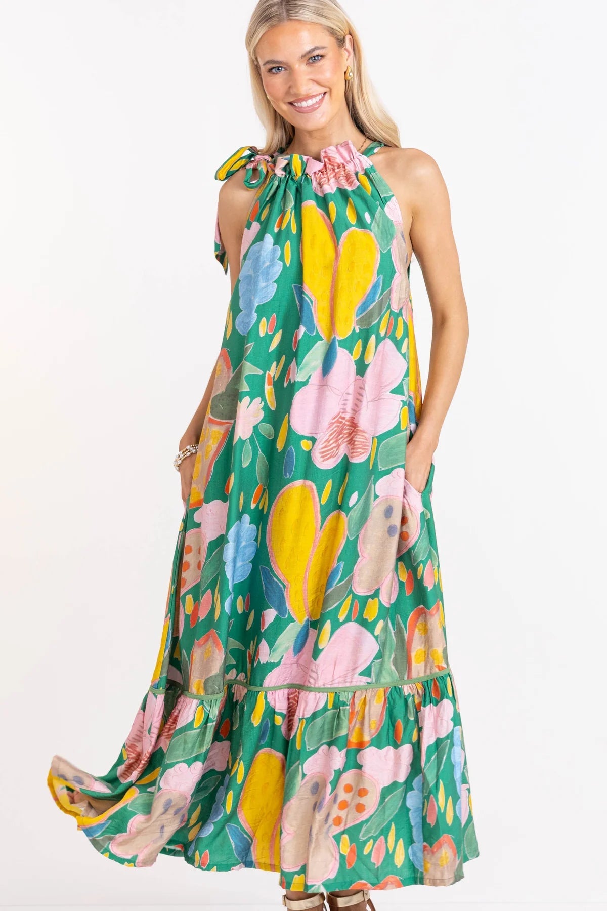 All The Right Feels Green Abstract Midi Dress OMFORT