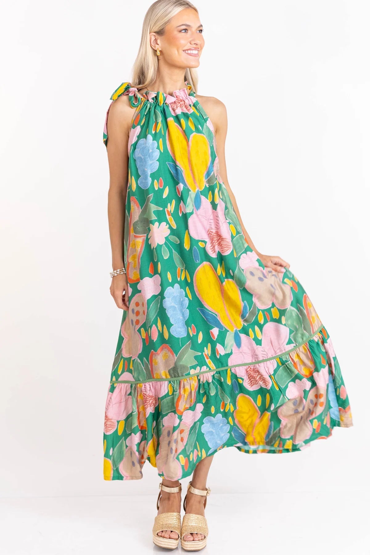 All The Right Feels Green Abstract Midi Dress OMFORT