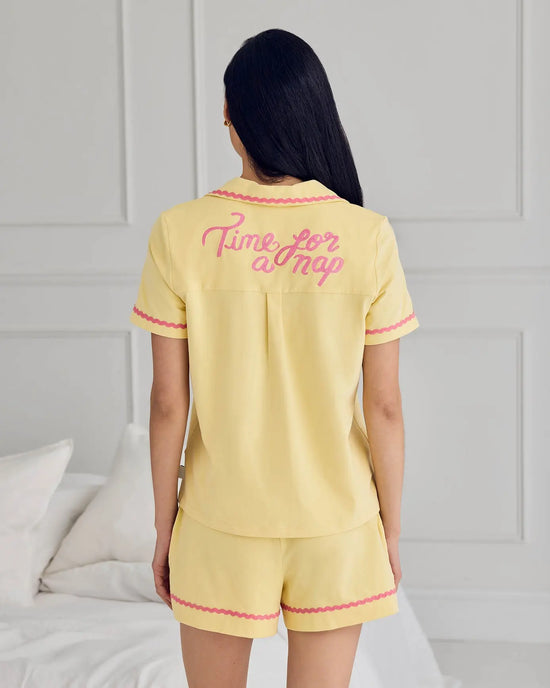 Organic Cotton Embroidered Back Time For A Nap Short Pyjama Set - Yellow mysite