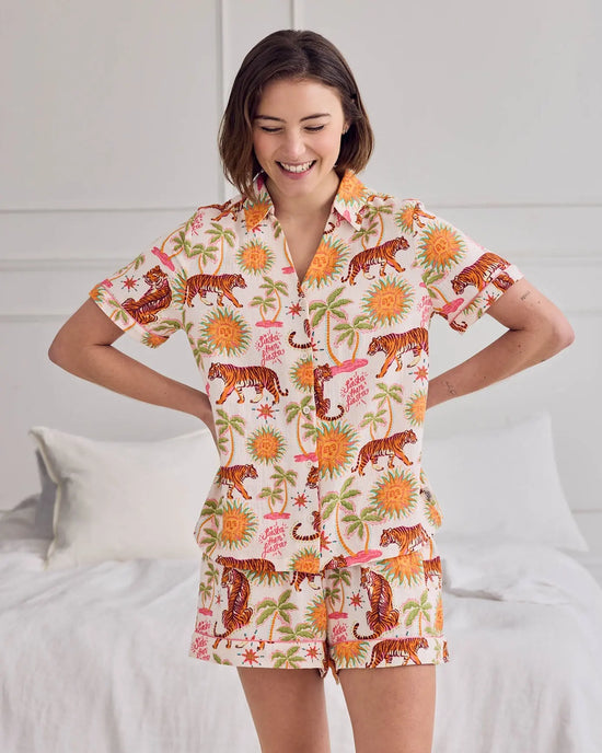 Organic Cotton Cheesecloth Siesta Tiger Print Short Button Up Pyjama Set mysite