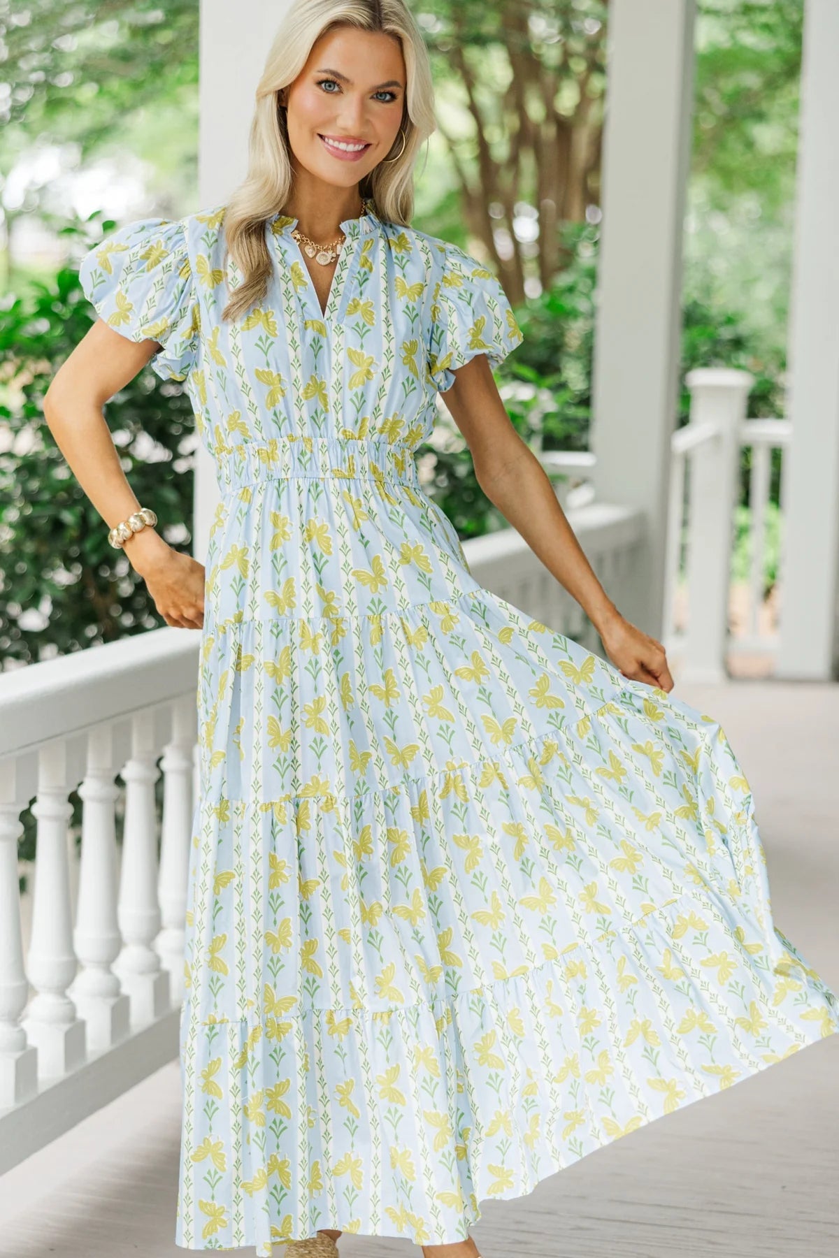 Coming Back For You Light Blue Floral Tiered Midi Dress OMFORT