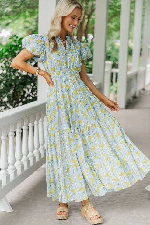 Coming Back For You Light Blue Floral Tiered Midi Dress OMFORT
