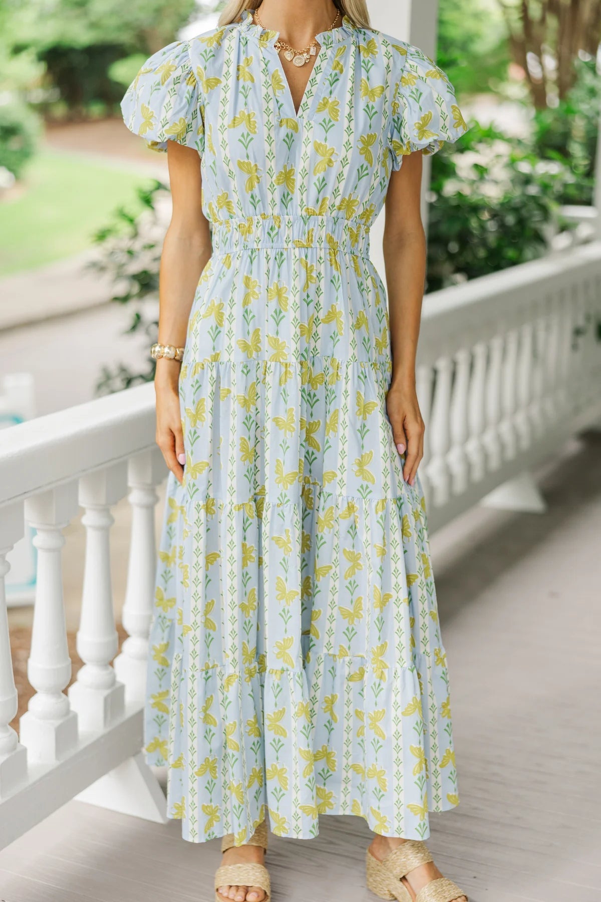 Coming Back For You Light Blue Floral Tiered Midi Dress OMFORT