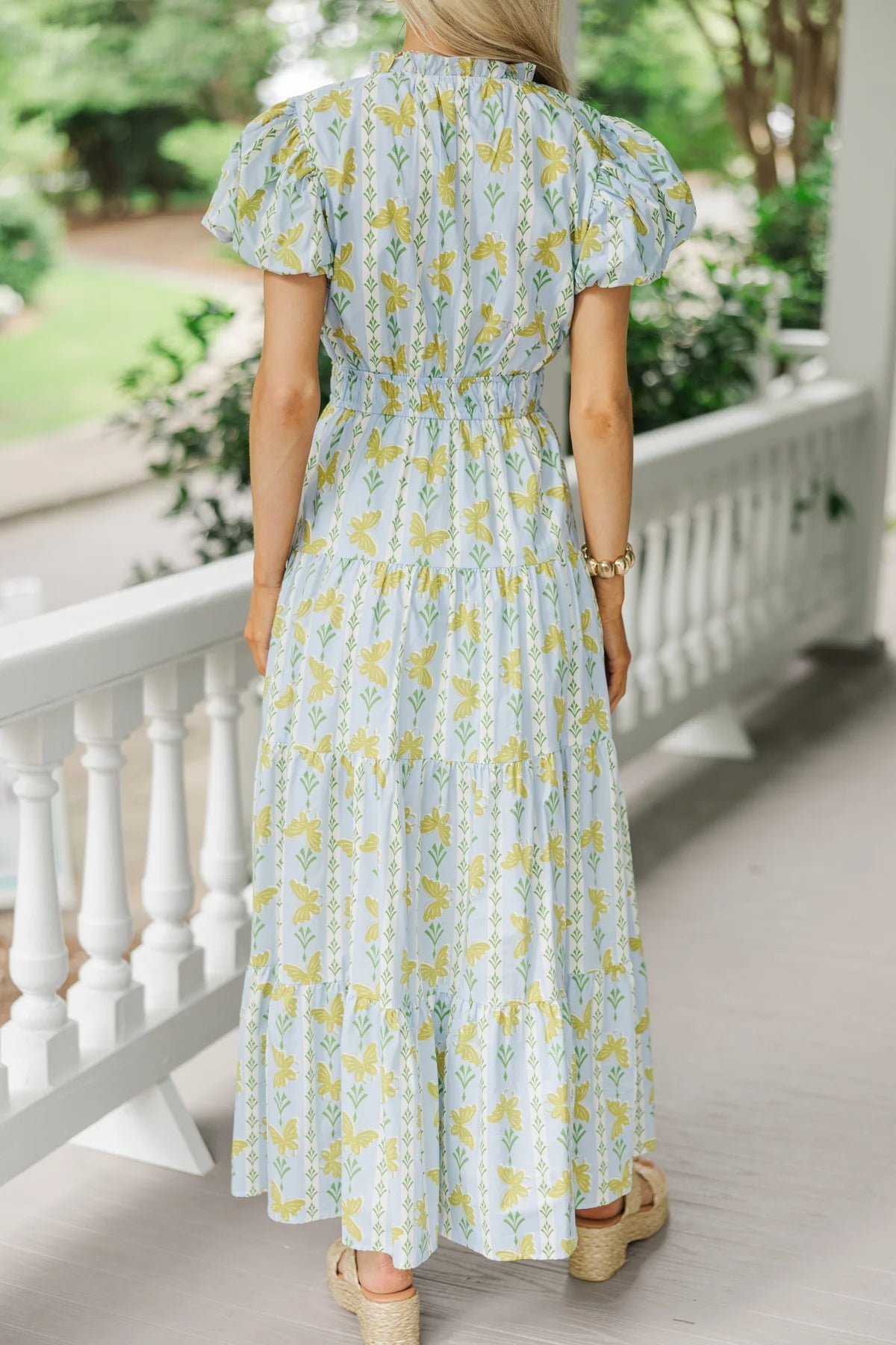 Coming Back For You Light Blue Floral Tiered Midi Dress OMFORT