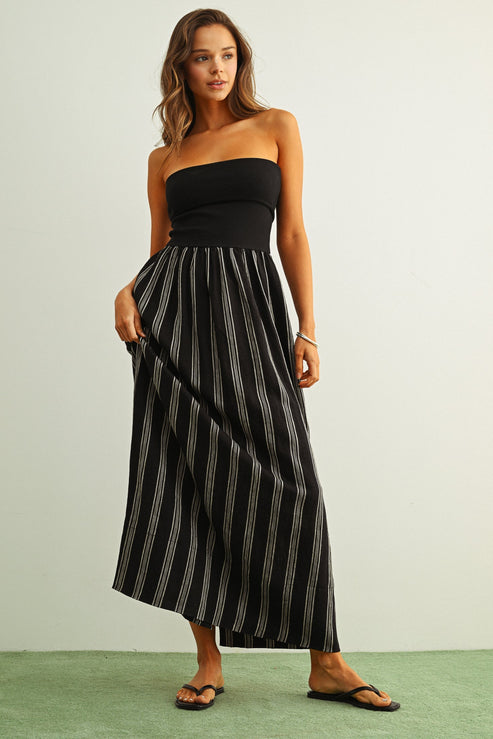 Stripe Pattern Knit With Rib Top Combo Dress OMFORT