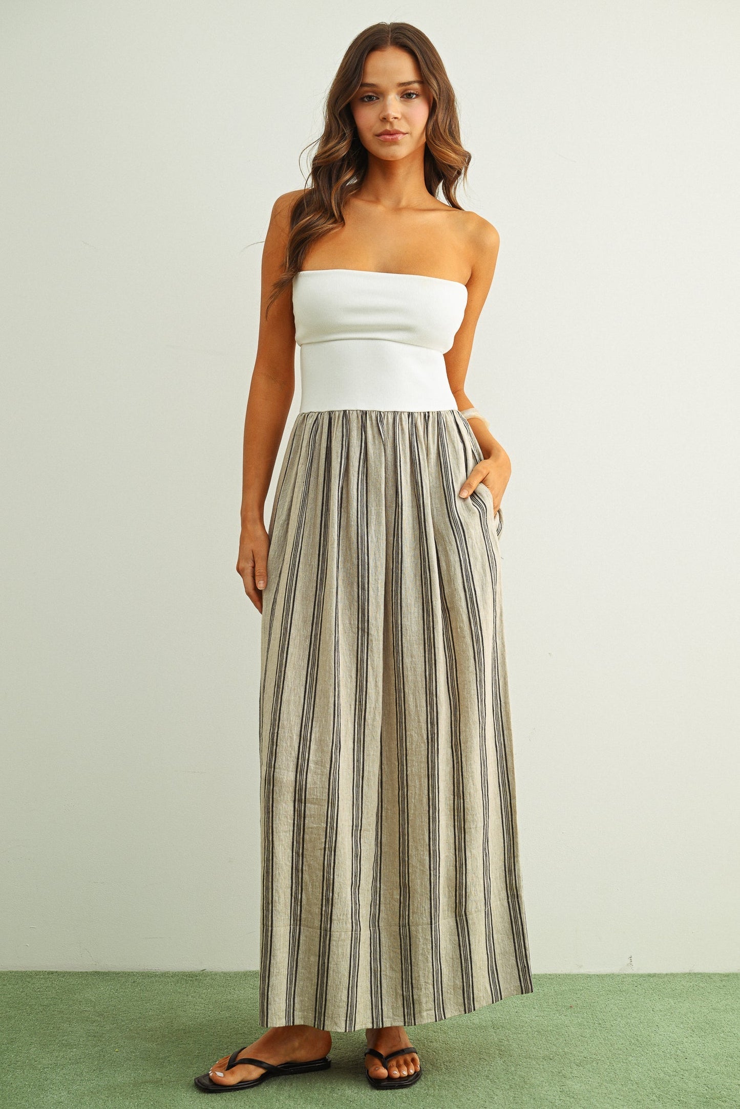 Stripe Pattern Knit With Rib Top Combo Dress OMFORT