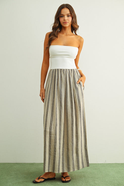 Stripe Pattern Knit With Rib Top Combo Dress OMFORT