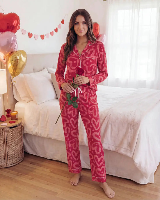 Love Heart Print Pajama Set - OMFORT