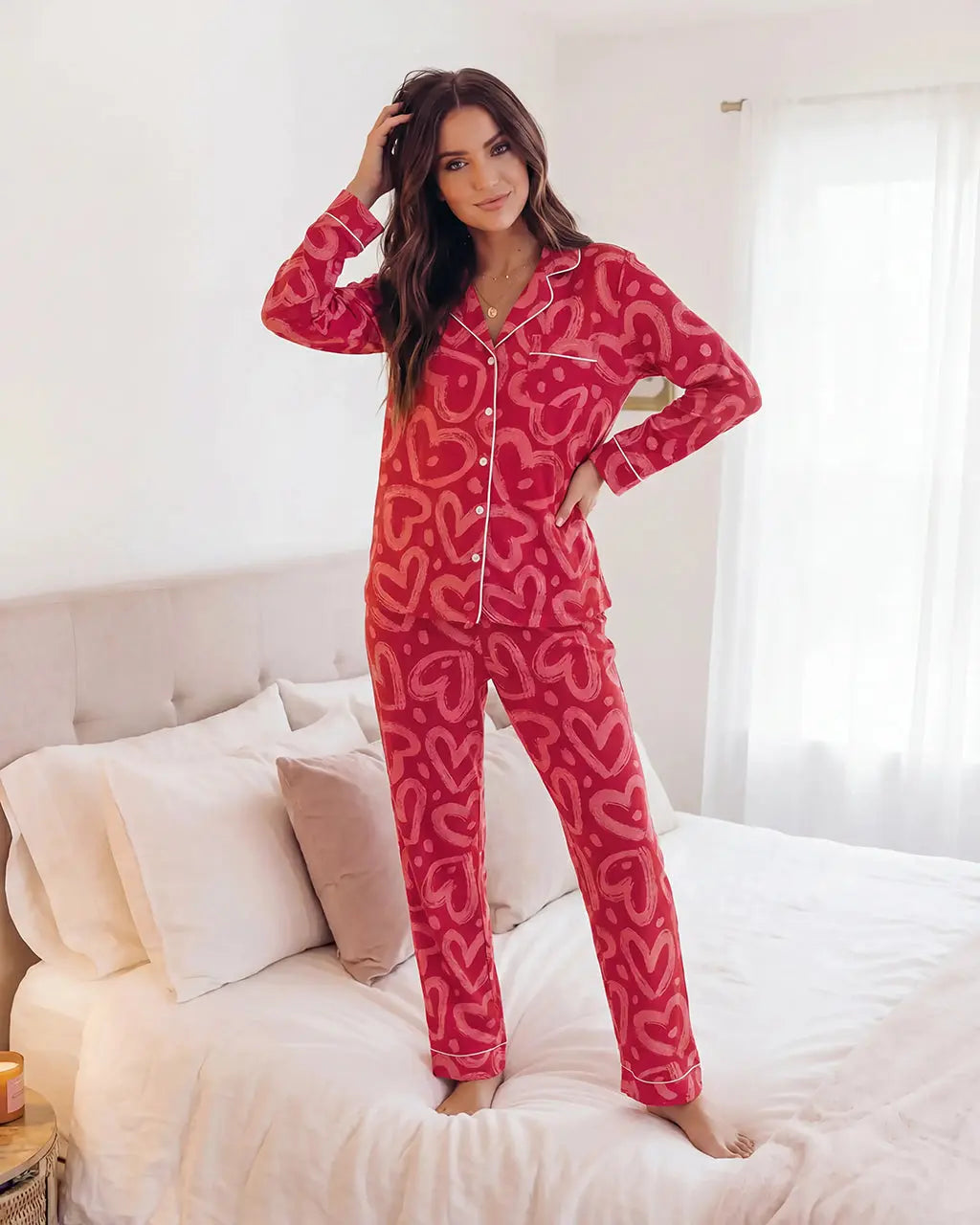 Love Heart Print Pajama Set - OMFORT
