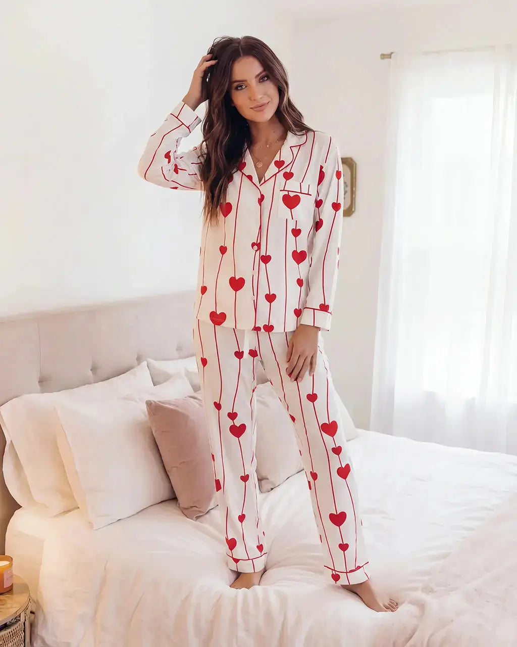 Wavy Heart Print Pajama Set - OMFORT