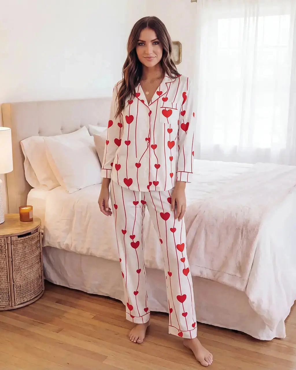 Wavy Heart Print Pajama Set - OMFORT