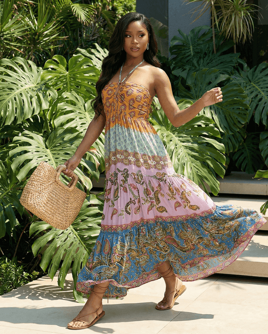 Floral Print Halter Neck Tie Bahya Maxi Dress OMFORT