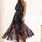 Kiss Me Halter Neck Maxi Dress in Ink with Multi Floral OMFORT