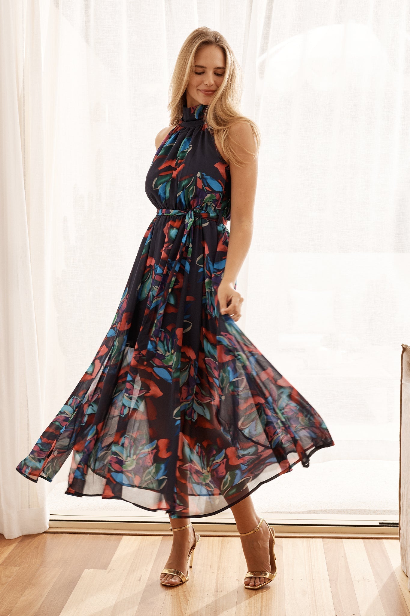 Kiss Me Halter Neck Maxi Dress in Ink with Multi Floral OMFORT