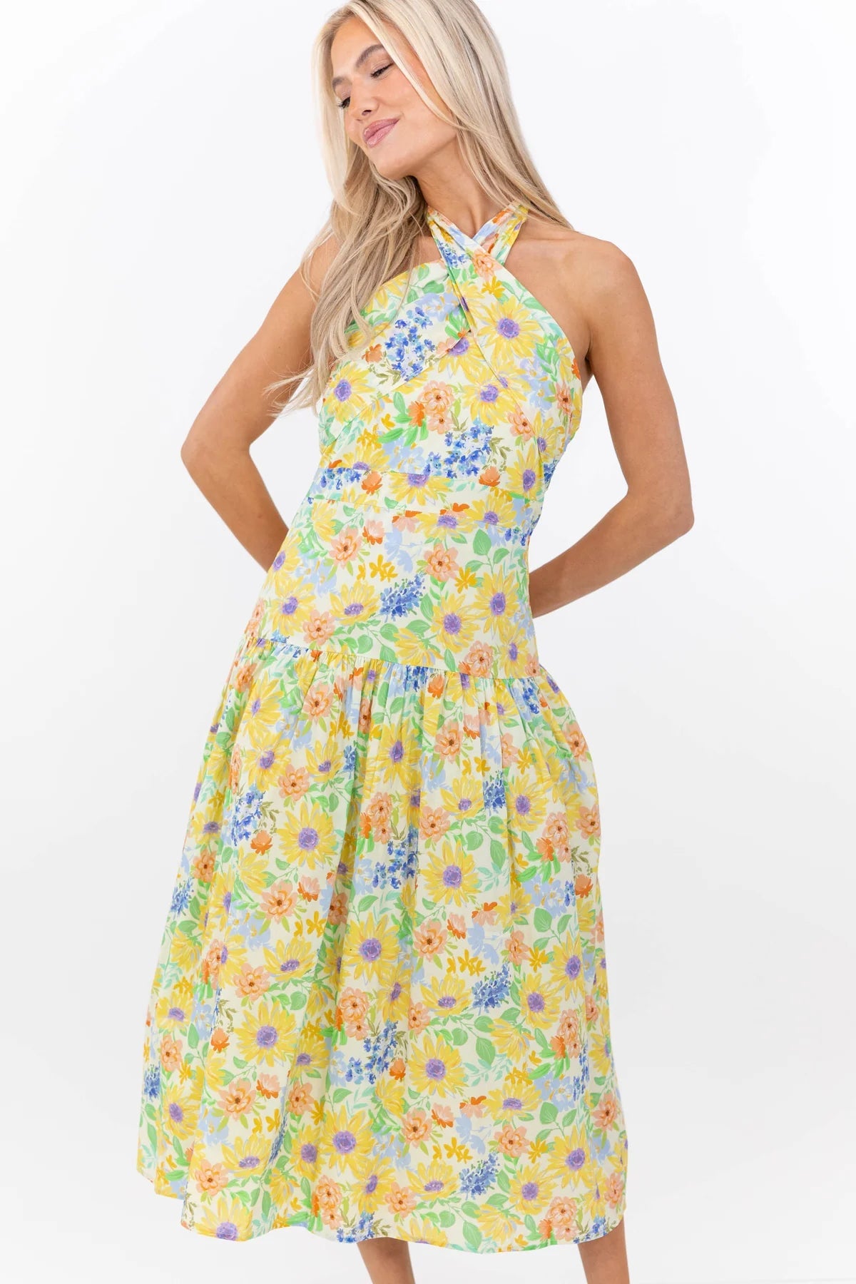Exactly What You Needed Yellow Floral Halter Midi Dress OMFORT