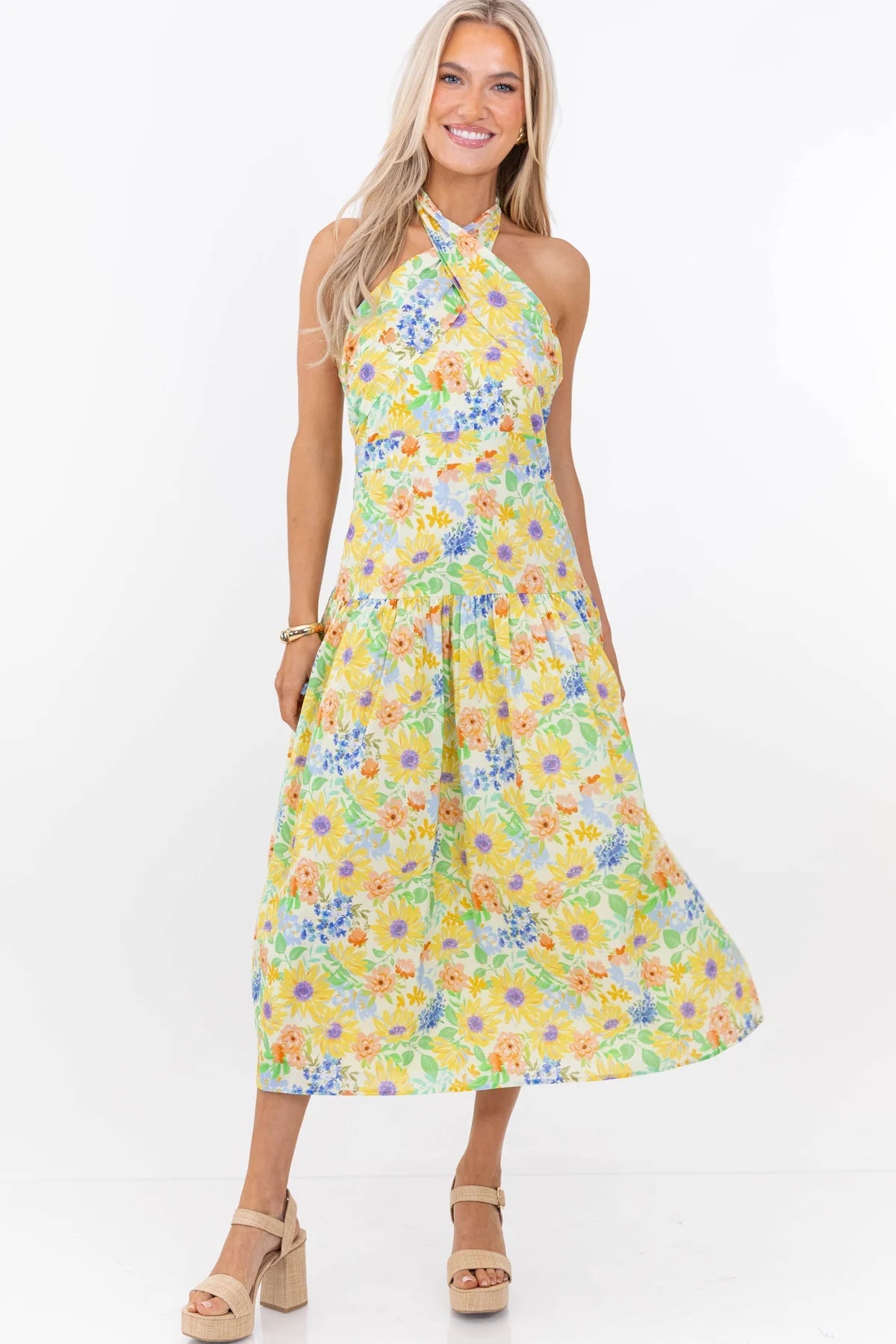 Exactly What You Needed Yellow Floral Halter Midi Dress OMFORT