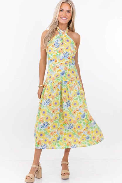 Exactly What You Needed Yellow Floral Halter Midi Dress OMFORT