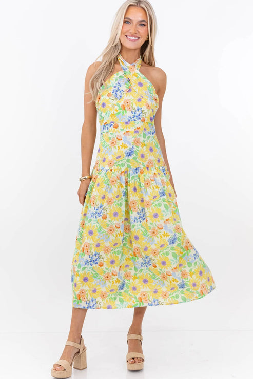 Exactly What You Needed Yellow Floral Halter Midi Dress OMFORT