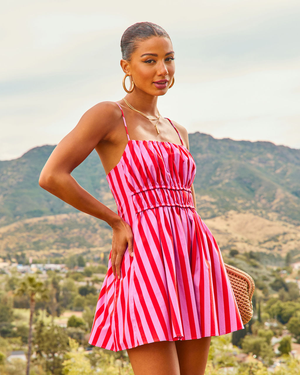 Island Poise Striped Fit And Flare Mini Dress OMFORT
