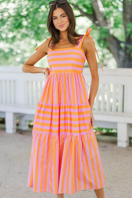 Good From The Start Orange Striped Midi Dress OMFORT